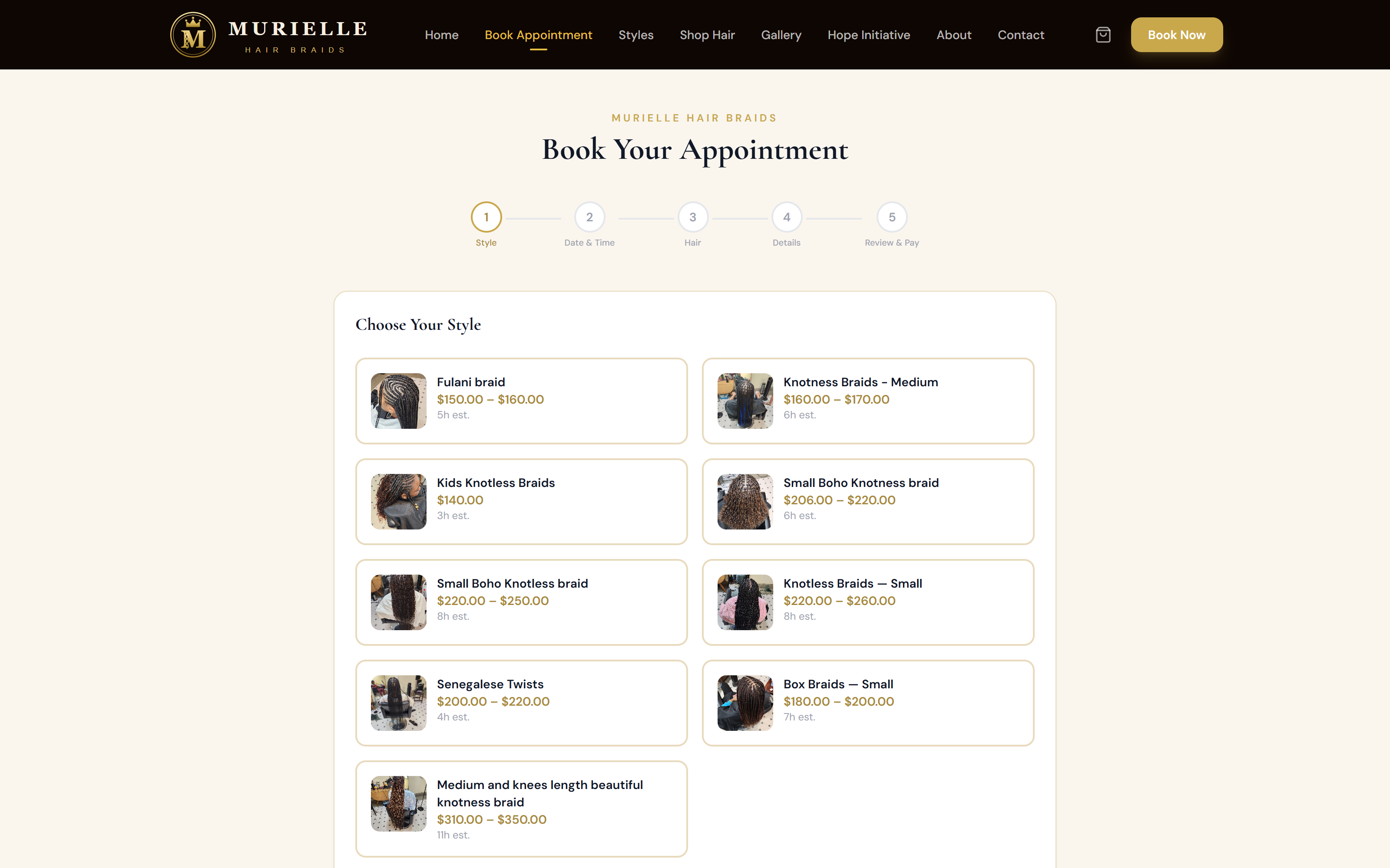 The booking page on muriellehairbraids.com: a five-step flow — style, date and time, hair, details, review and pay — above a list of braiding services with prices and estimated durations.